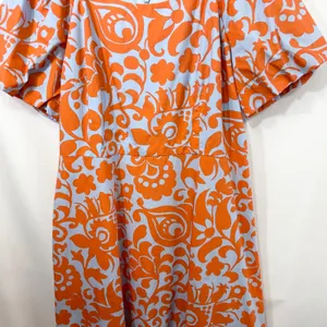 Talbots Size‎ 10 Midi Dress Puff Sleeve Poplin Floral Orange Blue Fit Flare 1526 thumbnail 7