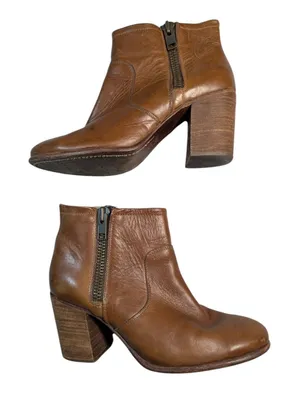 Hinge Cognac Brown Heavy Leather Double Zip Stacked Block Heel Ankle Boots Sz 10 thumbnail 1