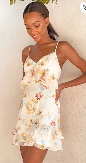 Lulus Sip of Chardonnay Cream Floral Print Ruffled Mini Dress Strappy Lined XL thumbnail 1