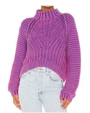 Free‎ People My Only Sunshine Purple Chunky Knit Mock Neck Sweater Womens Small thumbnail 1