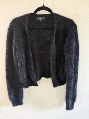 Lulus Black Fuzzy Eyelash Knit Cropped Open Front Cardigan Size Small thumbnail 4