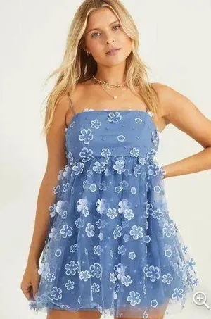 Altar’d State Aurora Floral Mesh Baby Doll Dress In Blue NWT thumbnail 1