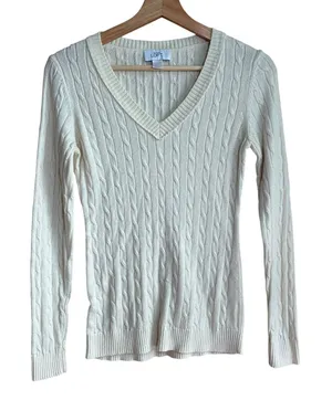 Ann Taylor LOFT rabbit‎ hair cream white cable knit ribbed sweater women's S thumbnail 1