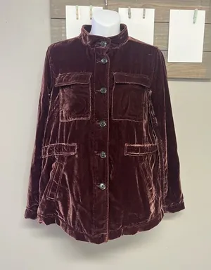 Loft Women’s Velvet Gorgeous Red Button Down Jacket Long Sleeve Pockets Small thumbnail 1