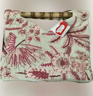 Beaded Floral Pink & White Handbag with Bamboo Handle India handmade NWT thumbnail 1