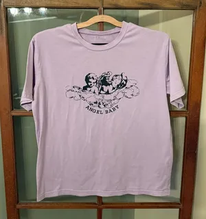 SHEIN Purple Lavender Short Sleeve Angel Baby Graphic Tee Size Small thumbnail 1