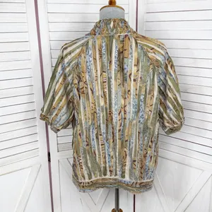 Chicos Shirred Cut Away Art To Wear Short Sleeve V Neck Jacket Tan Multi‎ Large thumbnail 4