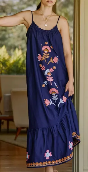 Anthropologie Malika Embroidered Dress Low Scoop Back Ruffle Hem Navy Blue XS thumbnail 1