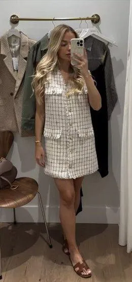 ANINE BING Janet Tweed Dress in White Plaid Size Medium NWT thumbnail 1