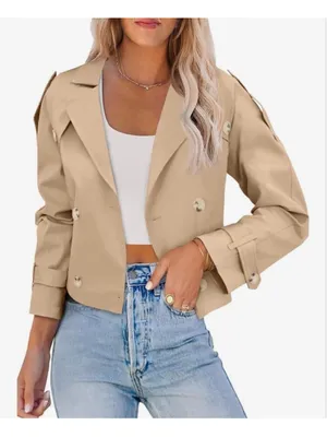 NEW Lapel Double Breasted Cropped Belted Trench Coat Jacket M Size M thumbnail 1