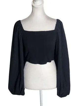 Urban Outfitters Black Ribbed Knit Square Neck Full Sleeve Crop Top Size Small thumbnail 1
