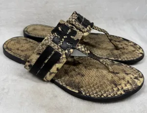 Tory Burch Miller Thong Sandals Snakeskin Print Leather Black Logo 9.5M 8099 C20 thumbnail 1