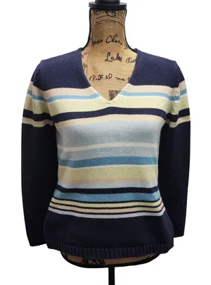 Eddie Bauer Medium Striped V Neck Knit‎ Sweater Blue Yellow Green Casual thumbnail 1