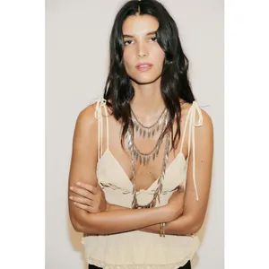 NWT Zara Tan Smocked Tie Straps Lace Trim Top Size Medium 0881/010 thumbnail 8