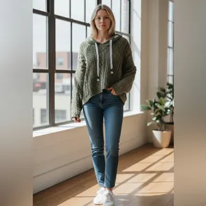 Pol Oversize Olive Green Chunky Knit Olive Sweater with Hoodie and Ties. Nubby thumbnail 6