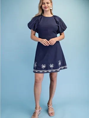 GIGIO Palm Tree Embroidered Linen Mini Dress Bubble Sleeve Medium thumbnail 3
