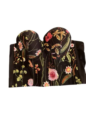 Floral Embroidered Bustier Size S Black/ Pink Green Back Hooks Padded Cups SEXY thumbnail 2