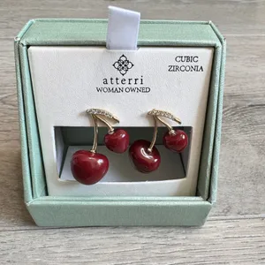 Atterri Red Cherry Cubic Zirconia Gold‎ Tone Drop Earrings NIB Woman Owned thumbnail 2