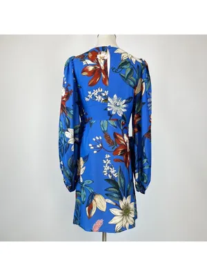 NWOT Farm Rio Blue Surreal Flowers Wrap Long Sleeve Mini Dress Size S thumbnail 8