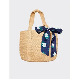 Draper James Straw Bag Woven Tote With Floral Scarf Natural Navy NWT thumbnail 3