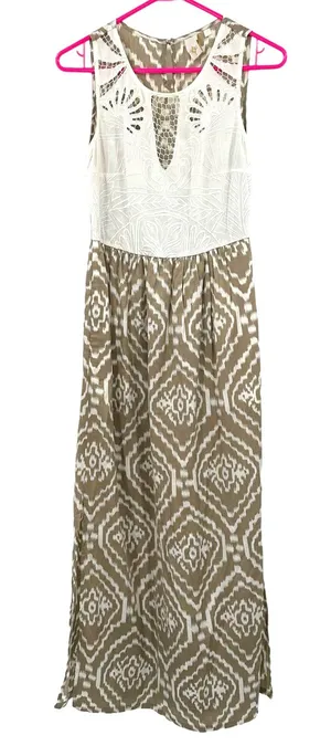 Anthropologie Size‎ 0 Sleeveless Lace Embroidered Maxi Dress Tan & White Pattern thumbnail 1
