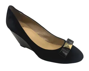 Kate Spade Black Suede Wedge Heels with‎ Patent Bow and Gold Studs - Size 10M thumbnail 1