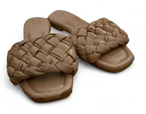 Tan leather flat sandals with braided design. A new day. Size 7. thumbnail 1