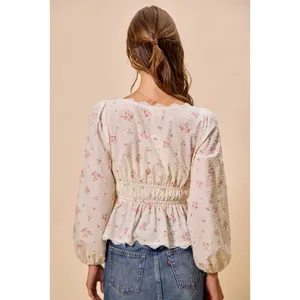 SO ME Floral Clip Dot Lace Trim Ruched Bodice Blouse - White - Medium thumbnail 3