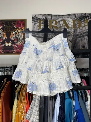 LoveShackFancy Bliss Morning Mist Floral Eyelet Ruffle Tiered Mini Skirt Large thumbnail 7