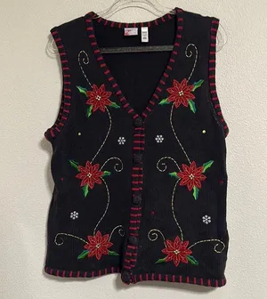 Vintage Christmas Poinsettia Sweater Vest thumbnail 1