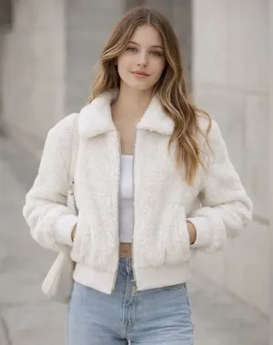 Urban Outfitter Sherpa Fuzzy Zip Up Cropped Ivory Womens Jacket SZ M thumbnail 1