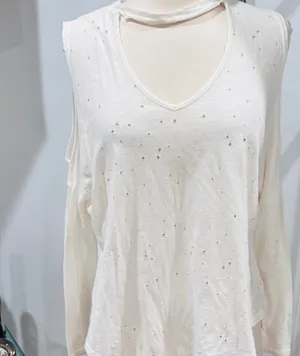 Poof! Distressed Ecru/ Off White Choker Cold-Shoulder Tie-Front Top thumbnail 5