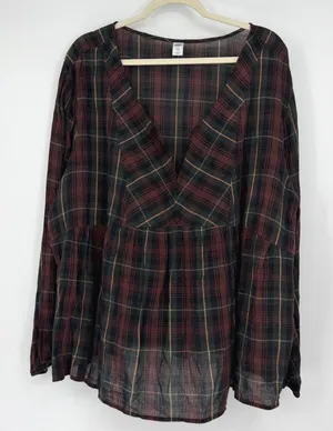 Old Navy Womens XXL Red Green Plaid V-Neck Long Sleeve Peplum Babydoll Top thumbnail 1