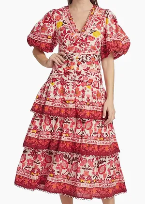 Farm Rio size XS romantic orchard tiered midi dress pink red white thumbnail 1