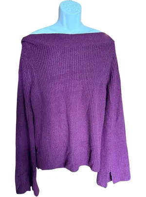 NWT Womens Enidmil Plum Off Shoulder Flare Sleeve Sweater - Sz XL thumbnail 1
