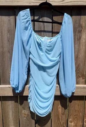 Hello Molly Blue Ruched Bodycon Mini Dress Long Balloon Sleeve Square Neck NWT L thumbnail 1