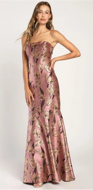 Lulu's Gowning Around Mauve Floral Jacquard Strapless Maxi Dress thumbnail 1