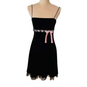 Betsy & Adam Vintage Black Velvet Mini Dress Pink Bow 6 XS thumbnail 2