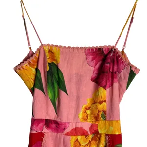Farm Rio Chita Pink Floral Print Square Neck Tie Back Linen Midi Dress Size XS thumbnail 6