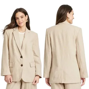 A New Day Womens Linen Blend Blazer Beige Tan Two Button‎ Jacket Size M thumbnail 8