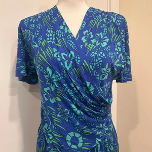 VTG 70s Bessi Firenze Blue Green Floral Silk Faux Wrap Surplice‎ Dress Mod Small thumbnail 5