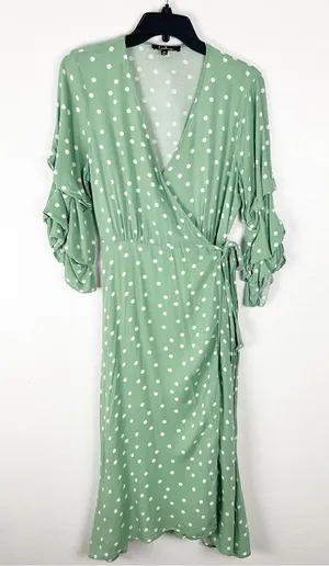 LULUS Green White Polka Dot Ruffled Sleeves Wrap Dress Size Medium Brunch thumbnail 1