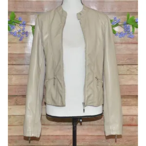 Therapy Faux Leather Moto Jacket Tan Stretch Panels Women’s Size S Zip Pockets thumbnail 4