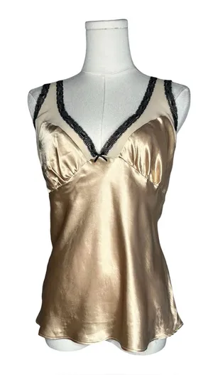 Vintage California Dynasty Gold Satin Lace Trim Babydoll Cami Tank Top Y2K Fairy thumbnail 1