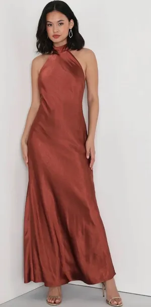Lulus NWT Women Large Rusty Brown Halter Satin Maxi Dress thumbnail 1