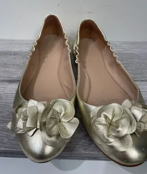 Tory Burch Minnie Travel Ballet‎ Flats Gold Metallic Leather Flower Womens 6.5 thumbnail 1