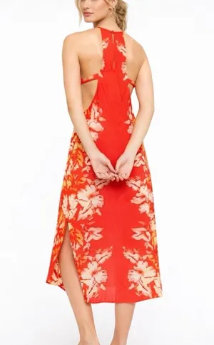 Free People Back 2 You Red Floral Strappy Open Side Midi Slip Dress Boho Sz S🧡 thumbnail 1