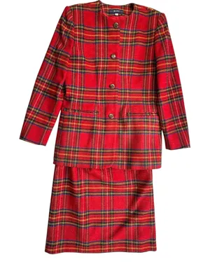 VTG Breeches Red Tartan Plaid Skirt‎ Suit Set Womens 8 Wool Blend Blazer Skirt thumbnail 1