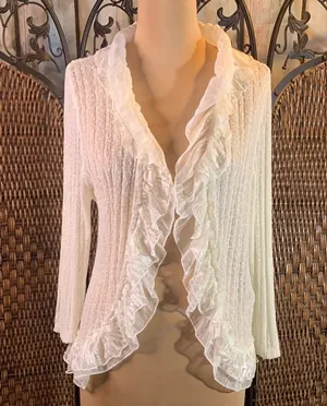 Ethyl Women's White Ruffled Cardigan Knit Sweater Size M thumbnail 1