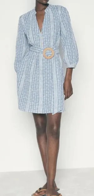 ZARA Crochet Daisy Blue &‎ White Gingham Rattan Belted Mini Dress Size Med thumbnail 1